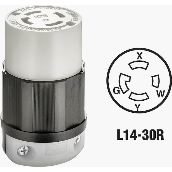 Locking Connector, L14-30R, 30 A, 125/250V AC, Single Phase, 3 Pole, Screw Terminals, Black, White